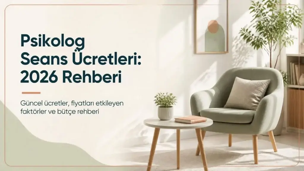 “Psikolog Seans Ücretleri: 2026 Rehberi” yazılı kapak görseli; koltuk ve sehpa bulunan sakin bir oda
